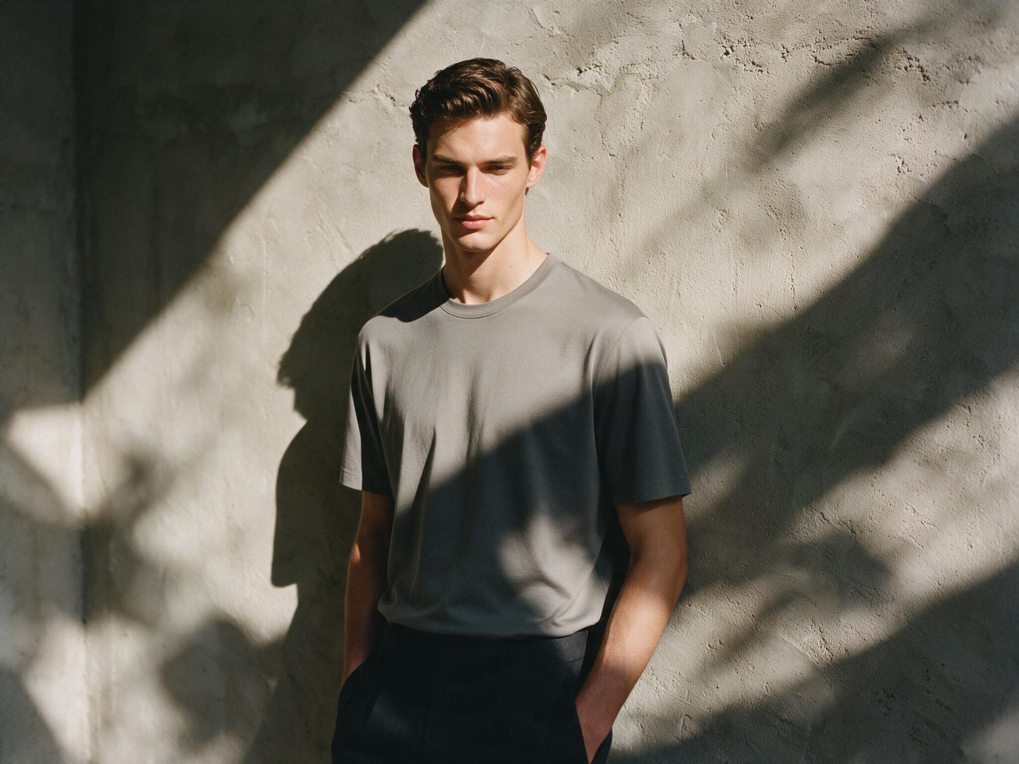 Editorial look, navy t-shirt